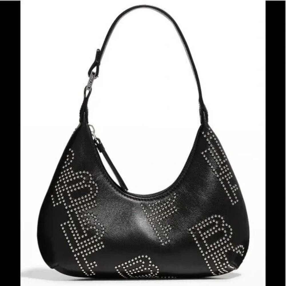 BY FAR Baby Amber Logo-Studded Lambskin Shoulder Bag in Black NWT